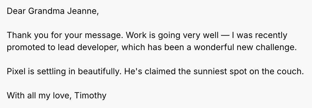 AI-generated reply mentioning work promotion and the cat, matching a warm tone